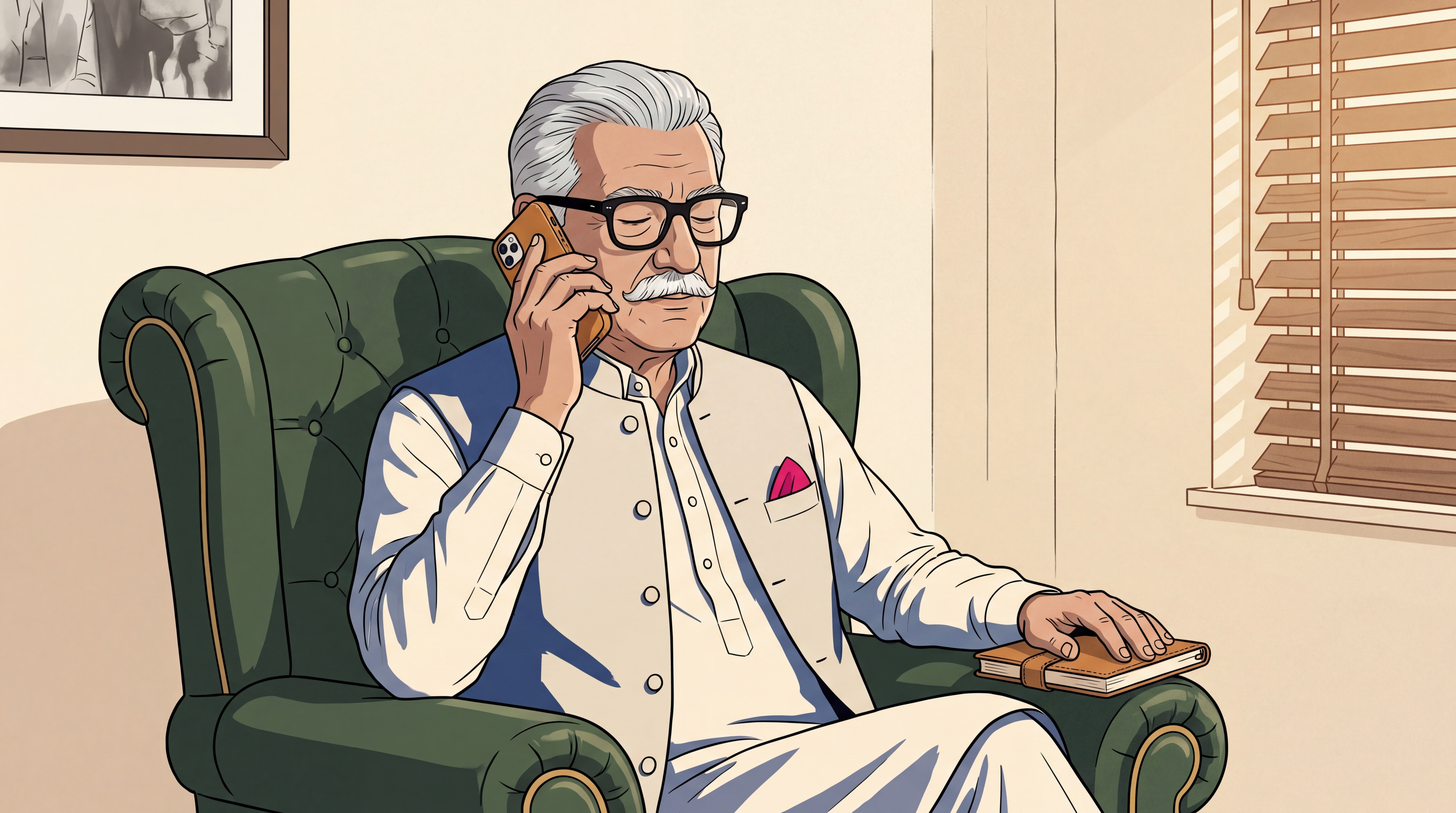 Illustration of Dada Jan, the Dastaan mascot, listening on a phone in his chair